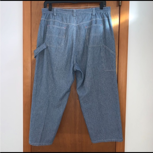 Women’s L Vintage SAG HARBOR SPORT Railroad Blue Striped Cropped Carpenter Pants - Picture 7 of 14